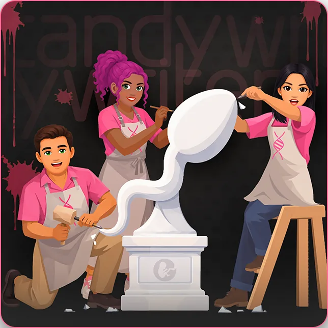 Candywriter scientists in lab coats running an experiment on the BitLife mascot